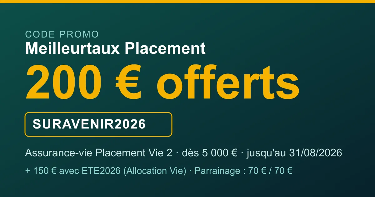 Code promo Meilleurtaux Placement : 200 € offerts avec le code SURAVENIR2026 sur l'assurance-vie Placement Vie 2 (dès 5 000 €), ou 150 € avec ETE2026