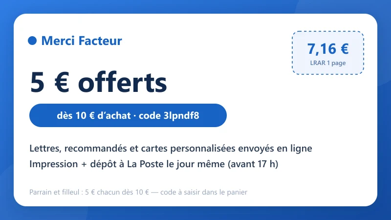 Code promo Merci Facteur : 5 € offerts dès 10 € d'achat avec le code de parrainage 3lpndf8, recommandé LRAR à 7,16 € tout compris
