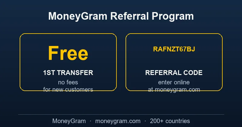 MoneyGram referral program: free first transfer with code RAFNZT67BJ