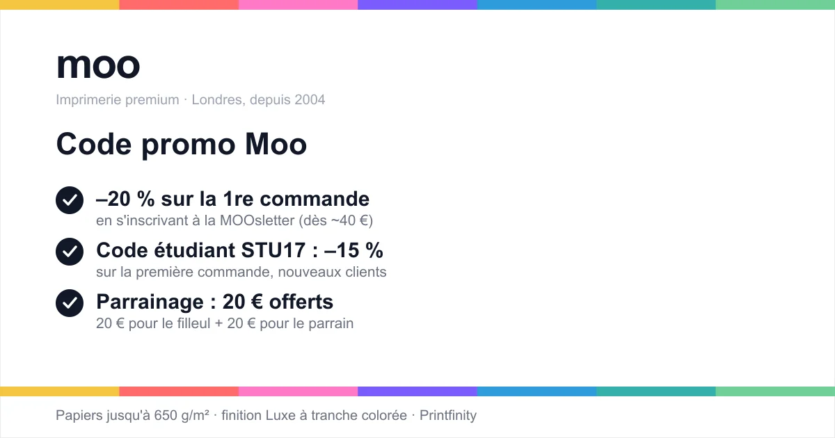 Code promo Moo : -20 % sur la première commande via la MOOsletter, code étudiant STU17 (-15 %) et 20 € offerts en parrainage sur l'imprimeur premium de cartes de visite