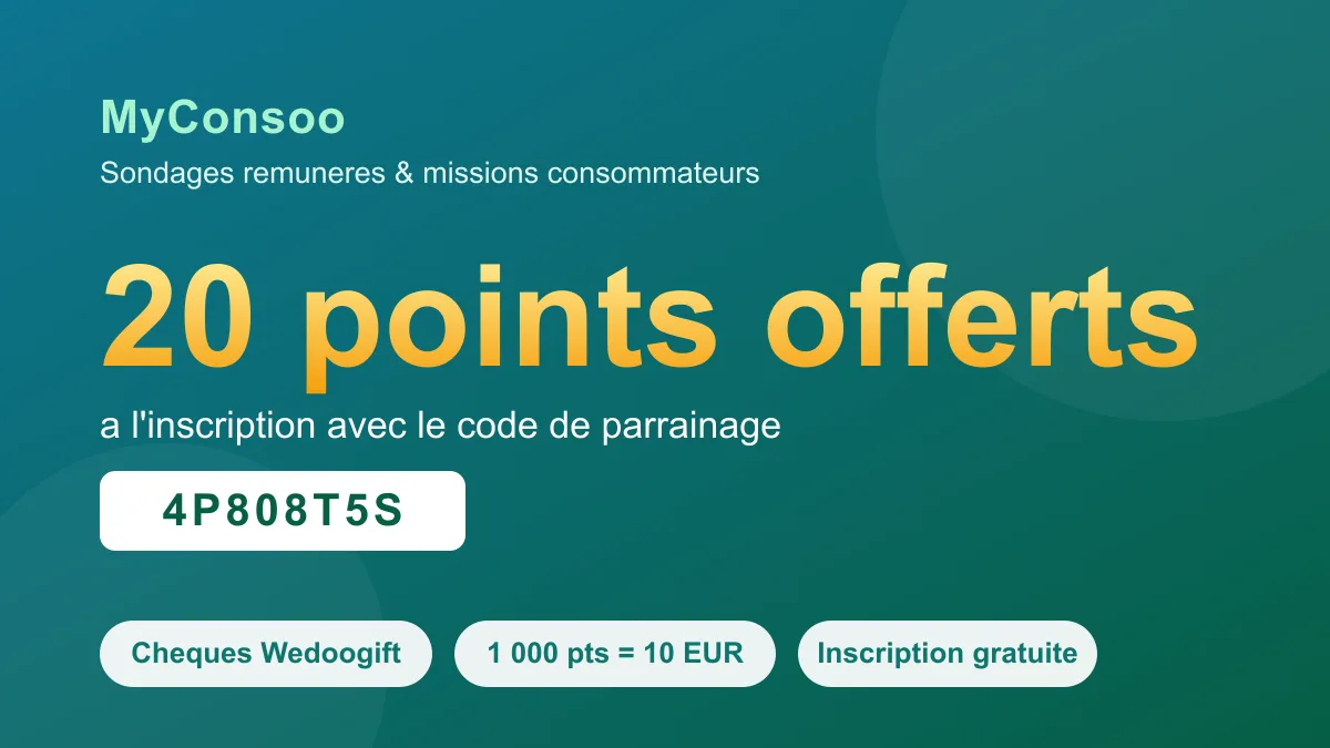 Code promo Myconsoo : code de parrainage 4P808T5S offrant 20 points à l'inscription, convertibles en chèques cadeaux Wedoogift