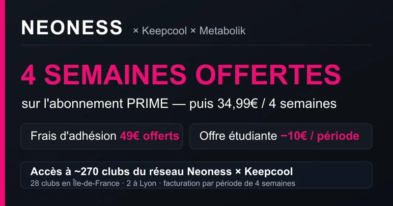 Code promo Neoness : 4 semaines offertes sur l'abonnement PRIME (puis 34,99€/4 sem.), frais d'adhésion 49€ offerts et offre étudiante −10€/période — accès à ~270 clubs du réseau Neoness × Keepcool