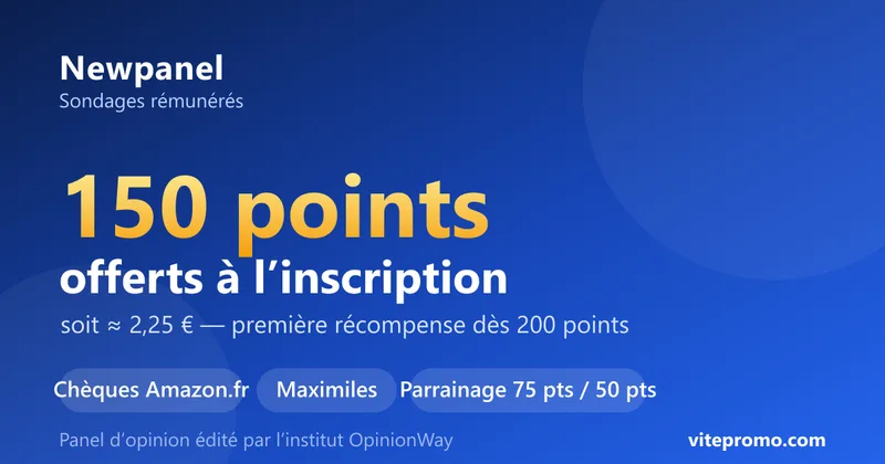 Code promo Newpanel : 150 points offerts à l'inscription (≈ 2,25 €), parrainage 75 points pour le parrain et 50 points pour le filleul, récompenses en chèques Amazon.fr et points Maximiles — panel de sondages édité par OpinionWay
