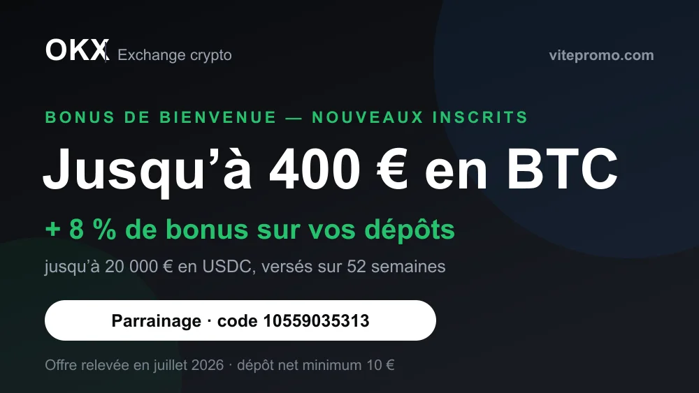 Carte promo OKX : jusqu'à 400 € en BTC et 8 % de bonus sur les dépôts avec le code de parrainage 10559035313