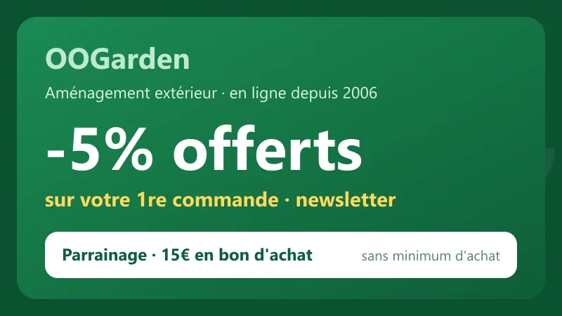 Code promo Oogarden : -5% sur la première commande via la newsletter et 15€ en bon d'achat avec le parrainage, spécialiste de l'aménagement extérieur (abris de jardin, piscines, spas).