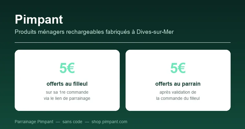 Parrainage Pimpant : 5€ offerts au filleul sur sa première commande, 5€ offerts au parrain après validation, sans code, produits ménagers rechargeables fabriqués à Dives-sur-Mer