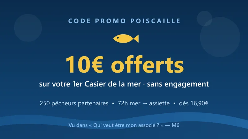 Code promo Poiscaille : 10€ offerts sur le premier Casier de la mer, livré en 72h par 250 pêcheurs partenaires