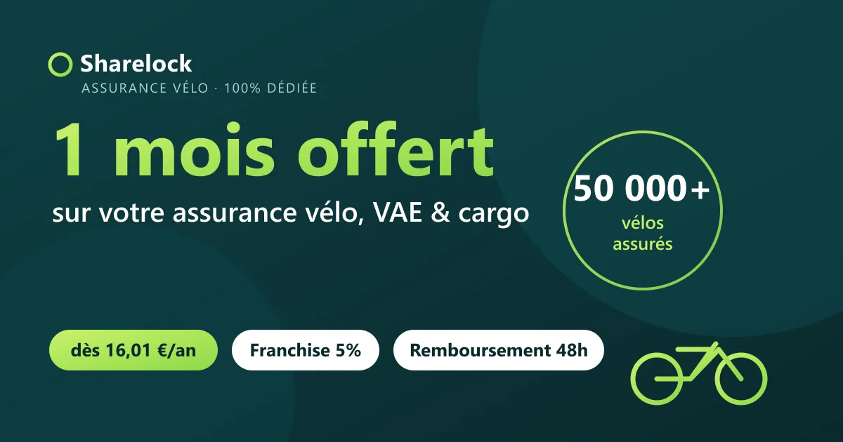 Sharelock, assurance vélo 100% dédiée : 1 mois offert, à partir de 16,01 €/an, franchise réduite à 5% et remboursement sous 48h