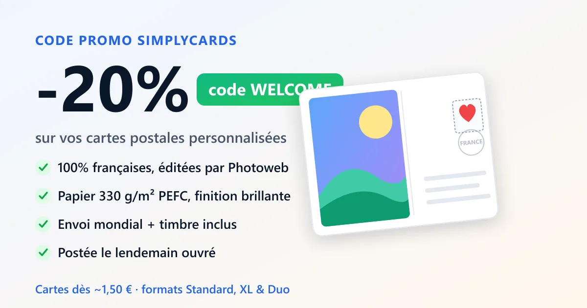 Code promo Simplycards : -20% avec le code WELCOME sur des cartes postales personnalisées fabriquées en France (Photoweb)