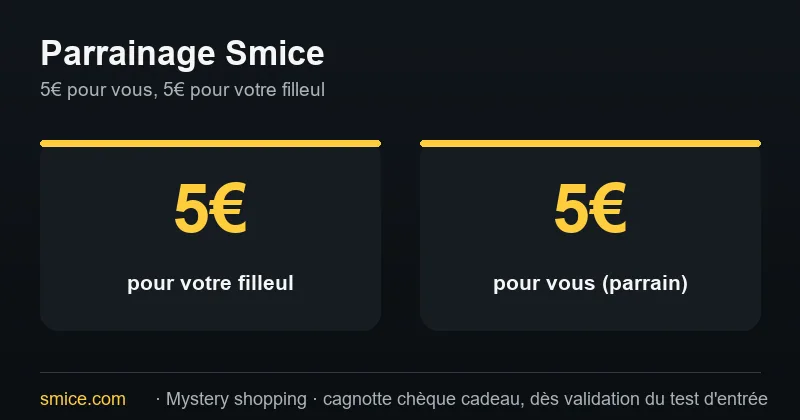 Parrainage Smice : 5€ offerts au filleul, 5€ au parrain, cagnotte chèque cadeau