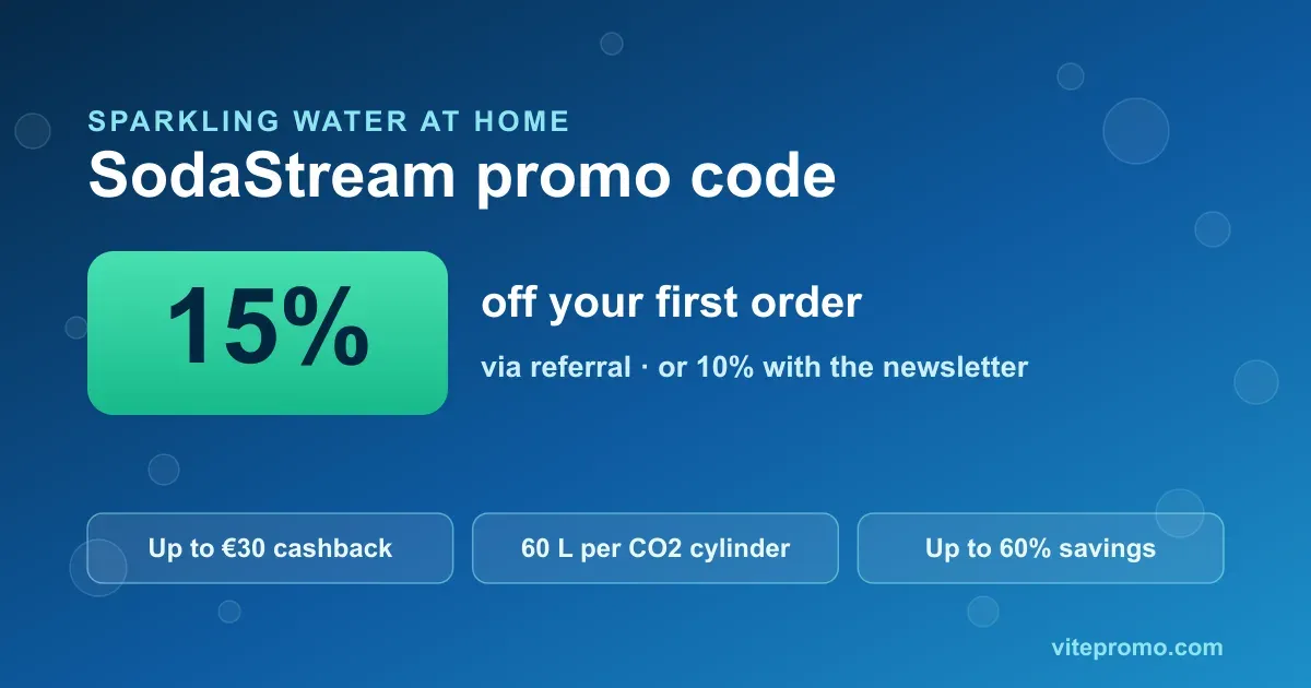 SodaStream promo code: 15% off first order via referral, 10% newsletter and up to €30 cashback on a sparkling water maker