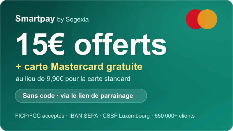 Offre Smartpay Sogexia : 15€ offerts et carte Mastercard gratuite (au lieu de 9,90€) via le lien de parrainage, sans code à saisir