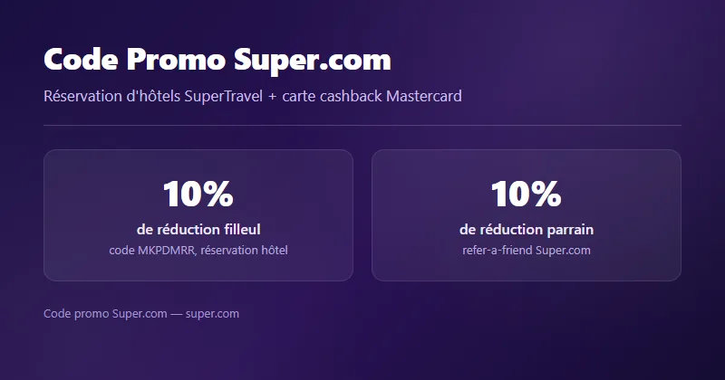 Code promo Super.com : 10% de réduction filleul et parrain sur une réservation d'hôtel SuperTravel