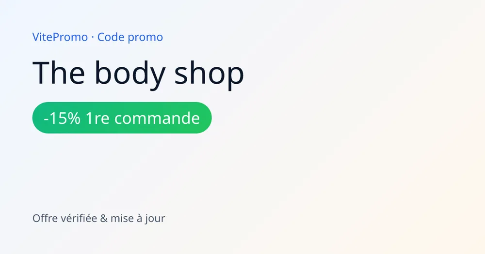 Carte récapitulative The Body Shop : -15% sur la première commande via l'inscription à la newsletter, parrainage 10€ dès 40€, -15% étudiants et livraison offerte dès 40€, cosmétiques naturels et cruelty-free depuis 1976.