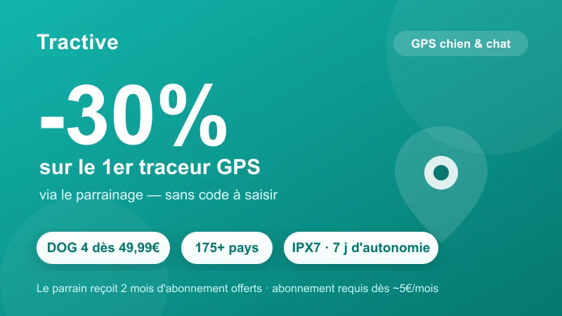 Code promo Tractive : -30% sur le premier traceur GPS via le parrainage, sans code à saisir — GPS DOG 4 dès 49,99€, couverture 175+ pays, IPX7, autonomie 7 jours