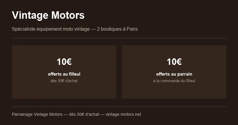 Parrainage Vintage Motors : 10€ offerts au filleul dès 50€ d'achat, 10€ offerts au parrain, spécialiste équipement moto vintage à Paris