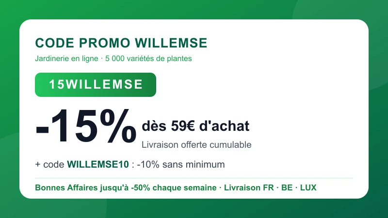 Code promo Willemse 15WILLEMSE : -15% dès 59€ d'achat, code WILLEMSE10 pour -10% sans minimum et Bonnes Affaires jusqu'à -50% chaque semaine sur 5 000 variétés de plantes (livraison France, Belgique, Luxembourg)