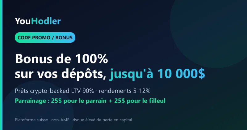 Code promo YouHodler : bonus de 100% sur vos dépôts jusqu'à 10 000$ et parrainage 25$ — plateforme suisse, risque de perte en capital