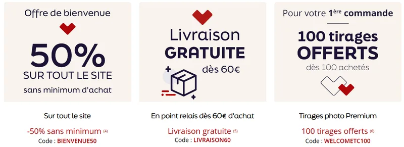 Codes promo Photoweb officiels : BIENVENUE50 -50% sans minimum, LIVRAISON60 livraison offerte dès 60€, WELCOMETC100 100 tirages offerts