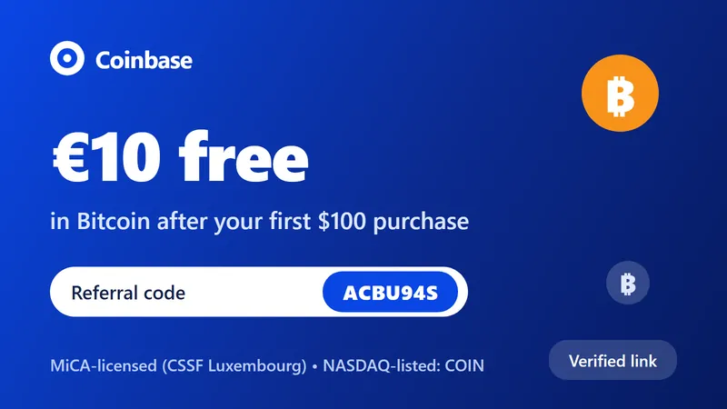Coinbase referral code ACBU94S: €10 in Bitcoin after a first $100 purchase — MiCA-licensed exchange