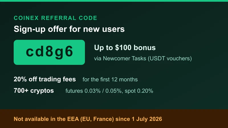 CoinEx referral code cd8g6 promo card: up to $100 in Newcomer bonuses and 20% off trading fees, not available in the EEA