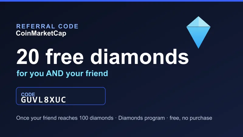 CoinMarketCap referral code card: code GUVL8XUC for 20 free diamonds for both referrer and referred user, once 100 diamonds are reached, via the free Diamonds program