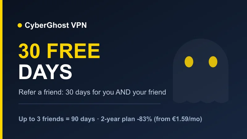 CyberGhost VPN refer-a-friend programme: 30 free days for the friend and the referrer, up to 3 friends (90 days)
