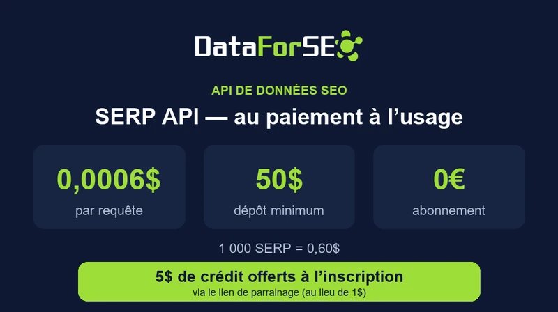 DataForSEO SERP API en paiement à l'usage : 0,0006$ par requête, dépôt minimum 50$, sans abonnement — 5$ de crédit offerts à l'inscription via le lien (au lieu de 1$)