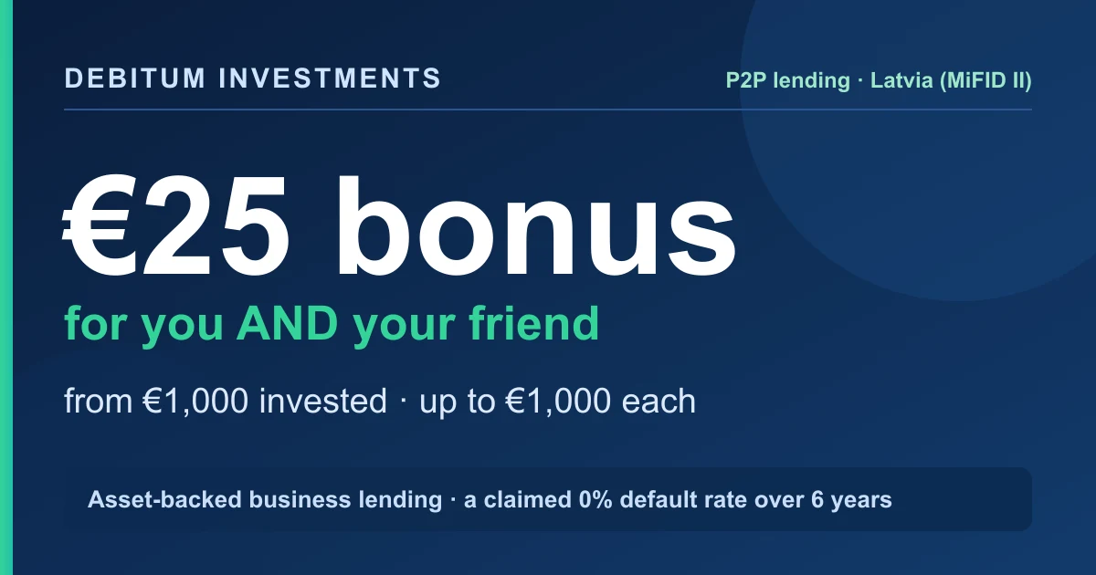 Debitum Investments referral: €25 for you and your referral once €1,000 is invested