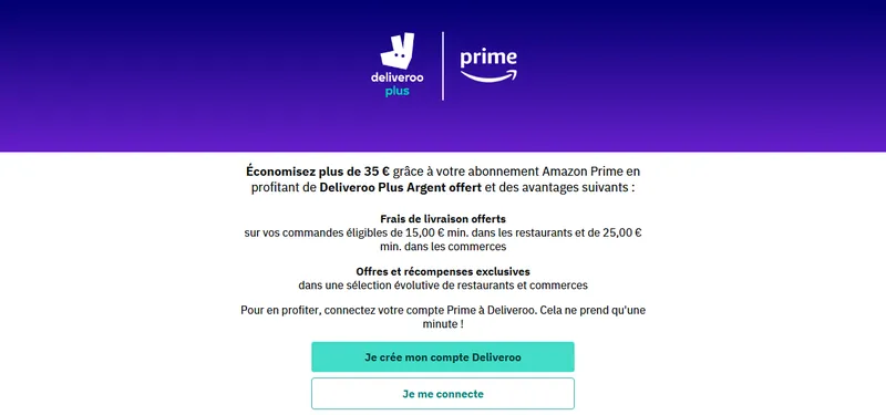 Deliveroo Plus Argent offert avec Amazon Prime : plus de 35€ d'économies par an, frais de livraison offerts dès 15€ au restaurant