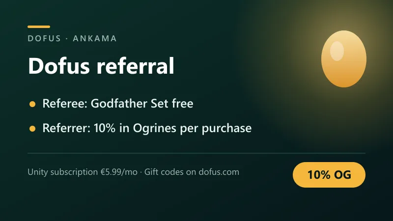 Dofus referral: Godfather Set free for the referee and 10% in Ogrines for the referrer, Unity subscription at €5.99/month