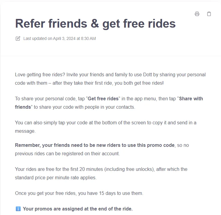 Official Dott referral article: free 20-minute rides with unlock included, valid for 15 days, for both referrer and friend