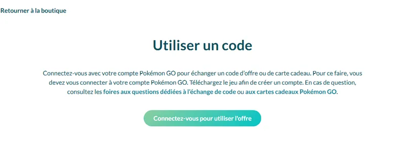 Page officielle « Utiliser un code » du Web Store Pokémon GO : connexion au compte pour échanger un code promo