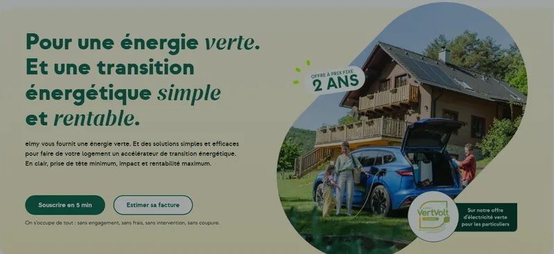 Offre elmy : électricité verte pour les particuliers à prix fixe 2 ans, labellisée VertVolt ADEME