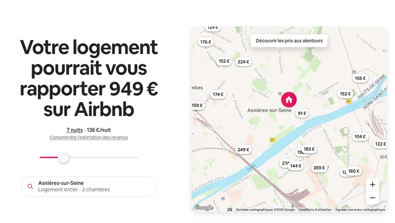 Estimateur de revenus Airbnb hôte : un logement entier peut rapporter 949 € pour 7 nuits