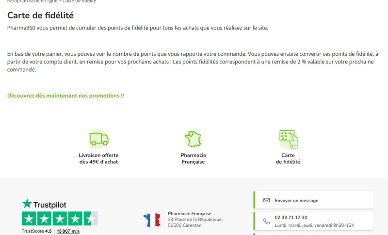 Carte de fidélité Pharma360 : points convertibles en remise de 2 % et livraison offerte dès 49 € d'achat, pharmacie française de Carentan