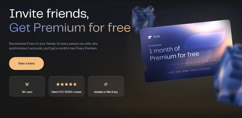 Finary referral page: invite friends and get 1 month of Premium for free after syncing 2 accounts