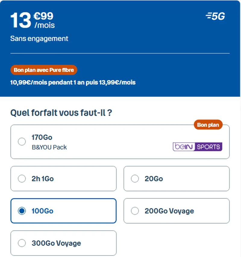 Forfait B&You 5G sans engagement à 13,99€/mois, réduit à 10,99€/mois la première année en le couplant à une Bbox Pure Fibre, sur le site Bouygues Telecom