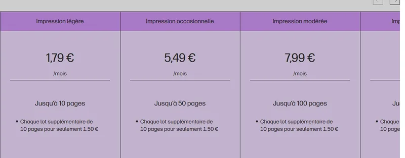 Forfaits HP Instant Ink : impression légère 1,79€/mois (10 pages), occasionnelle 5,49€/mois (50 pages), modérée 7,99€/mois (100 pages)