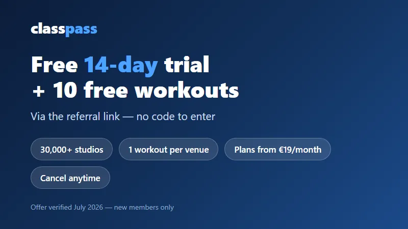 ClassPass promo: free 14-day trial with 10 free workouts via the referral link