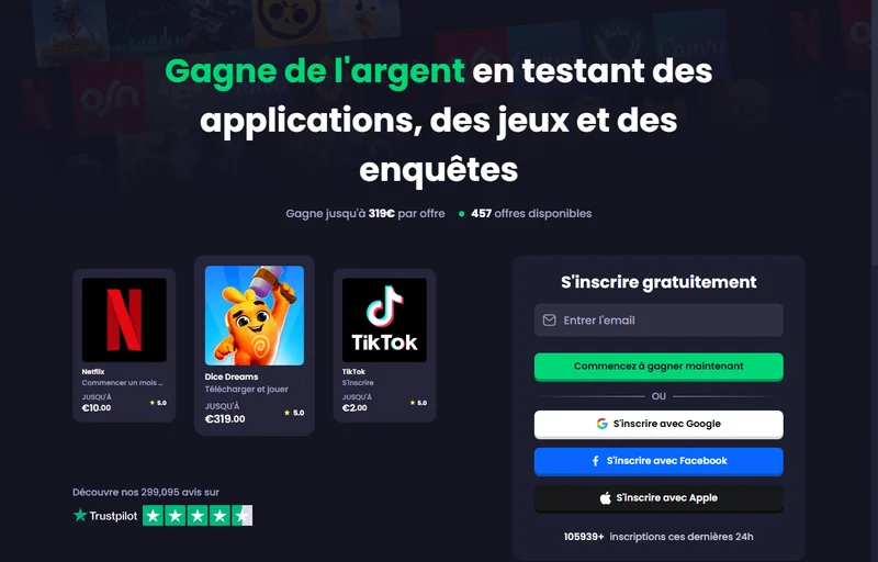 Accueil freecash.com : gagner de l'argent en testant applications, jeux et enquêtes — 299 095 avis Trustpilot