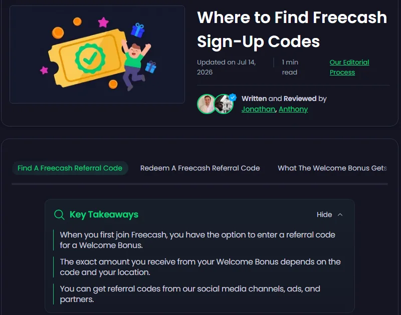 Freecash Academy: where to find sign-up codes — the referral code adds a Welcome Bonus at registration