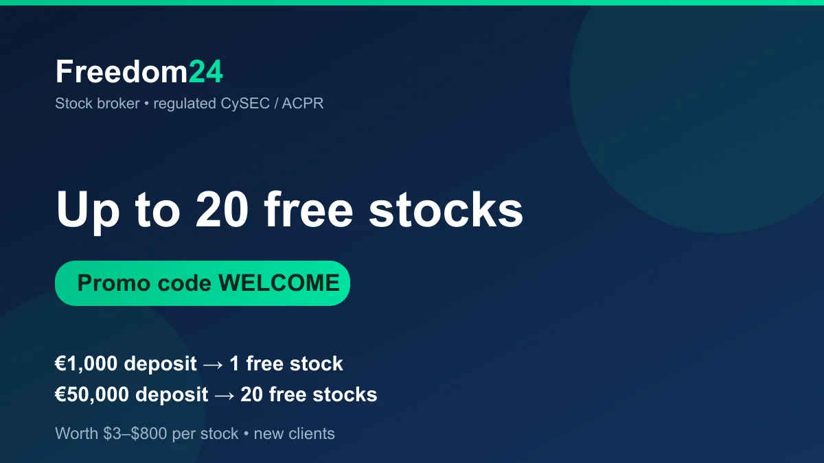 Freedom24 promo code WELCOME: up to 20 free stocks (worth $3–$800) for new clients