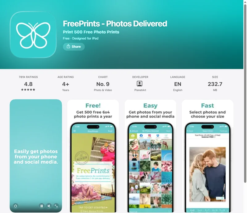 FreePrints - Photos Delivered on the App Store: 4.8 stars from 781K ratings, 500 free photo prints a year