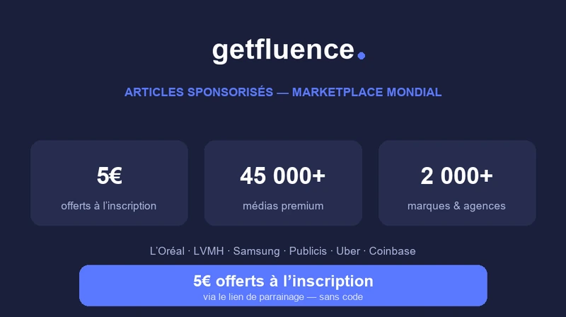 Getfluence : marketplace mondial d'articles sponsorisés, 5€ de crédit offerts à l'inscription via le lien communauté, 45 000+ médias premium, 2 000+ marques et agences (L'Oréal, LVMH, Samsung)