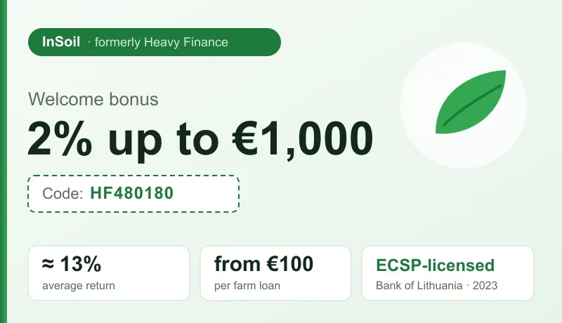 HeavyFinance (InSoil) welcome bonus: 2% cashback up to €1,000 with referral code HF480180, from €100 per farm loan, ECSP-licensed agricultural crowdlending platform (~13% average return)