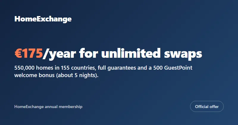 HomeExchange membership at €175/year: unlimited exchanges among 550,000 homes, guarantees, 500 GuestPoint welcome bonus