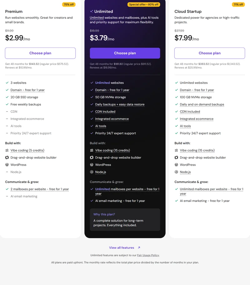 Hostinger web hosting price list: Premium plan from $2.99/mo, Unlimited $3.79/mo and Cloud Startup $7.99/mo