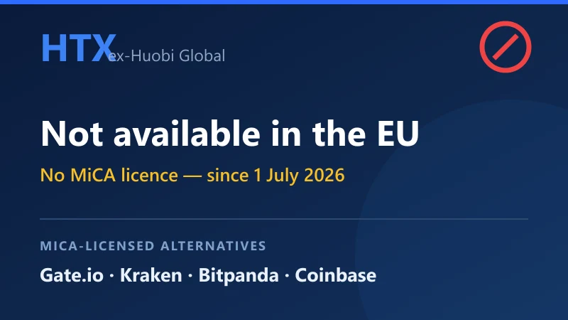 HTX (ex-Huobi Global) not available in the EU since 1 July 2026 due to the lack of a MiCA licence β licensed alternatives Gate.io, Kraken, Bitpanda, Coinbase
