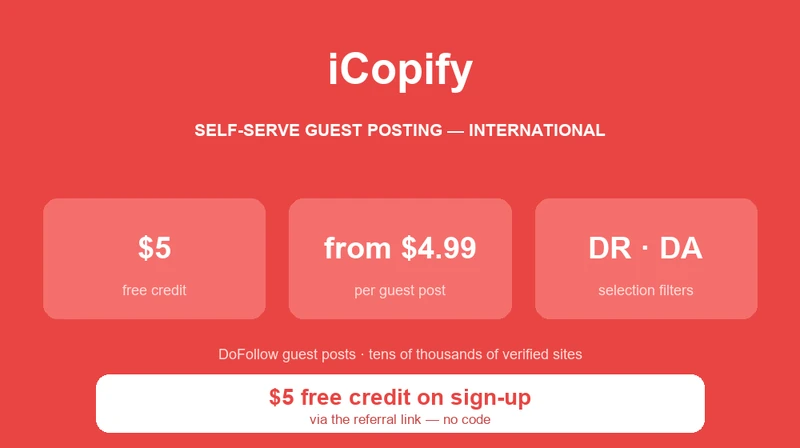 iCopify: self-serve guest-posting marketplace, $5 free credit on sign-up via the community link, DoFollow backlinks from $9.98 and guest posts from $4.99 across 55,000+ verified sites